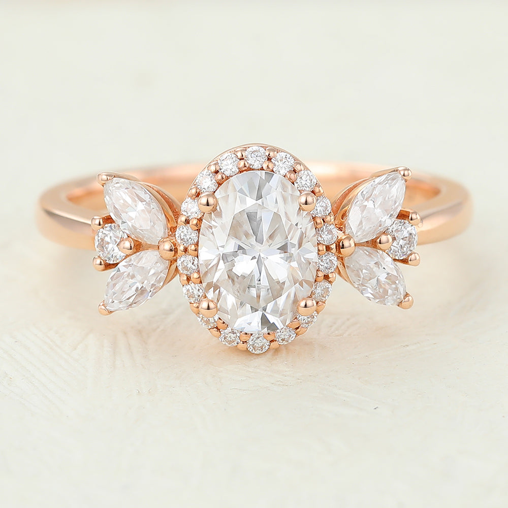 0.84 CT Oval Cluster Moissanite Engagement Ring