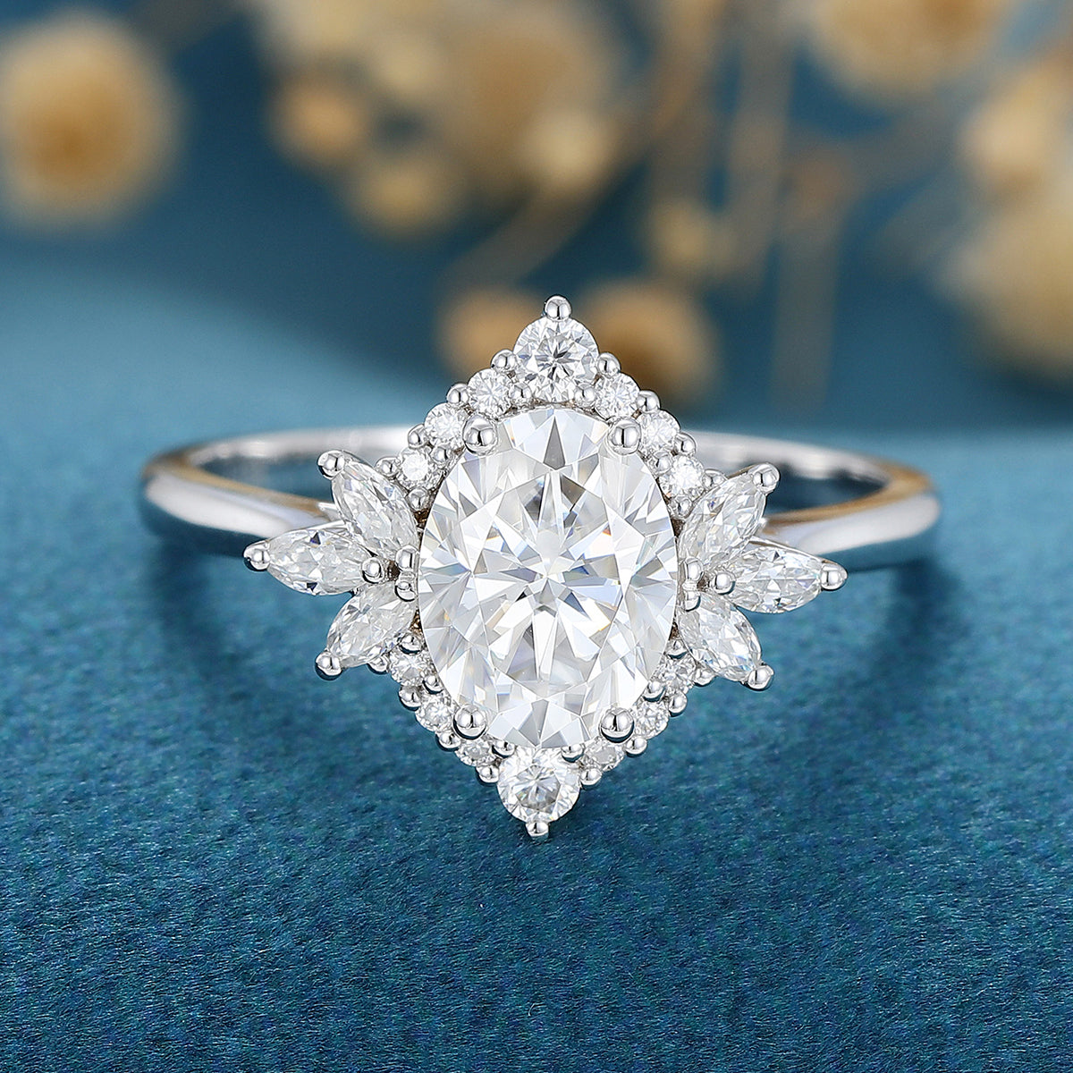 0.84 CT Oval Cluster Lab Grown Diamond Engagement Ring