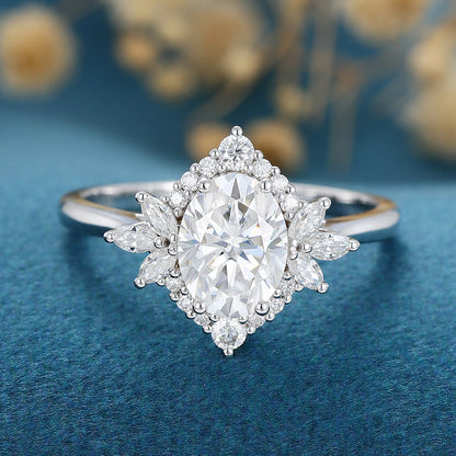 0.84 CT Oval Cluster Lab Grown Diamond Engagement Ring
