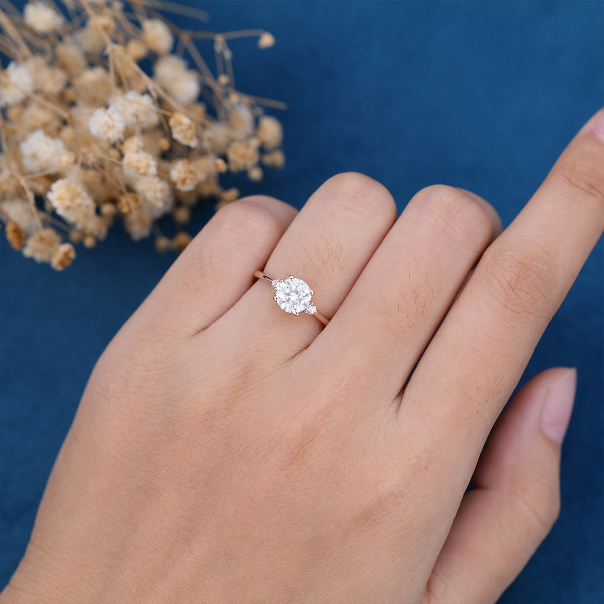 0.88 CT Round Three Stone Lab Grown Diamond Engagement Ring
