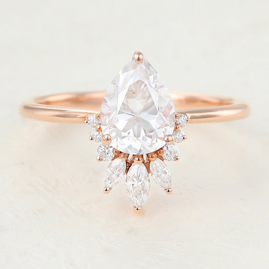 0.85 CT Pear Cluster Moissanite Engagement Ring