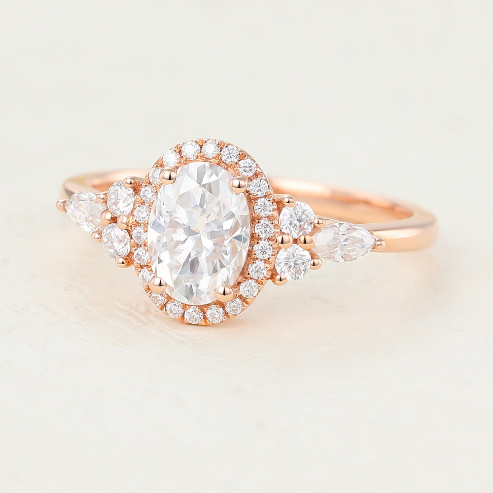 0.84 CT Oval Cluster Moissanite Engagement Ring